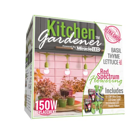 Miracle Led 3-Socket Kitchen Gardener Grow Light Kit, Red Spec. 12W Replace 150W Grow Bulbs 802230